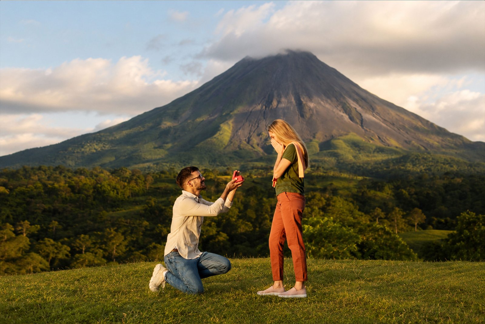 Surprise marriage proposal at Arenal Volcano in La Fortuna, Costa Rica captured by La Fortuna Photographer.