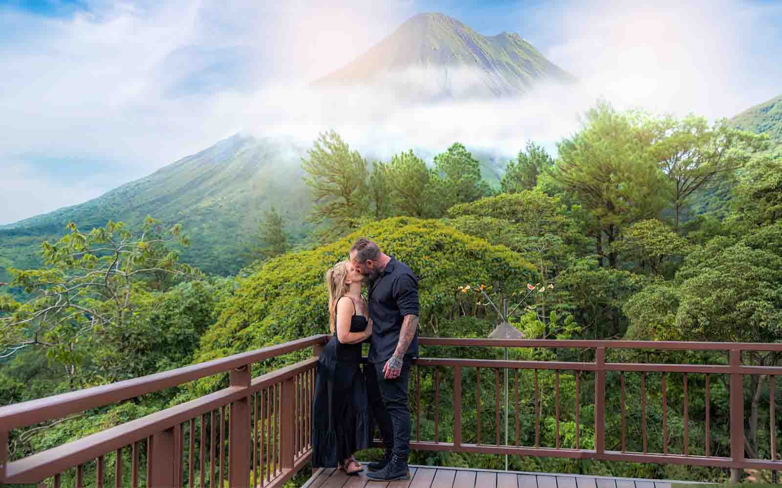 Couple photography at Arenal Observatory Lodge with Arenal Volcano in Costa Rica
